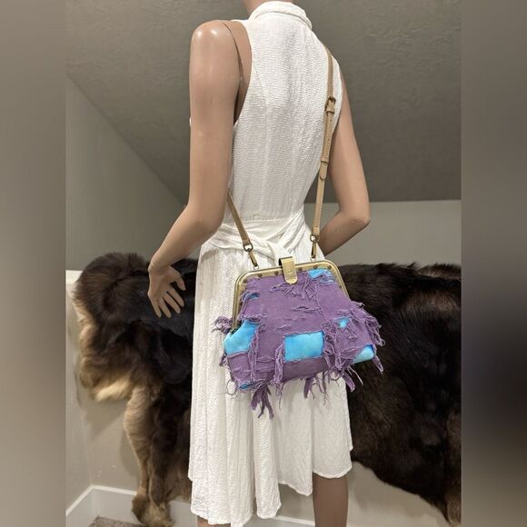 Unique Colorblock Cowhide Leather with Ripped Canvas, Metal Frame Bag, Crossbody - Picture 8 of 16